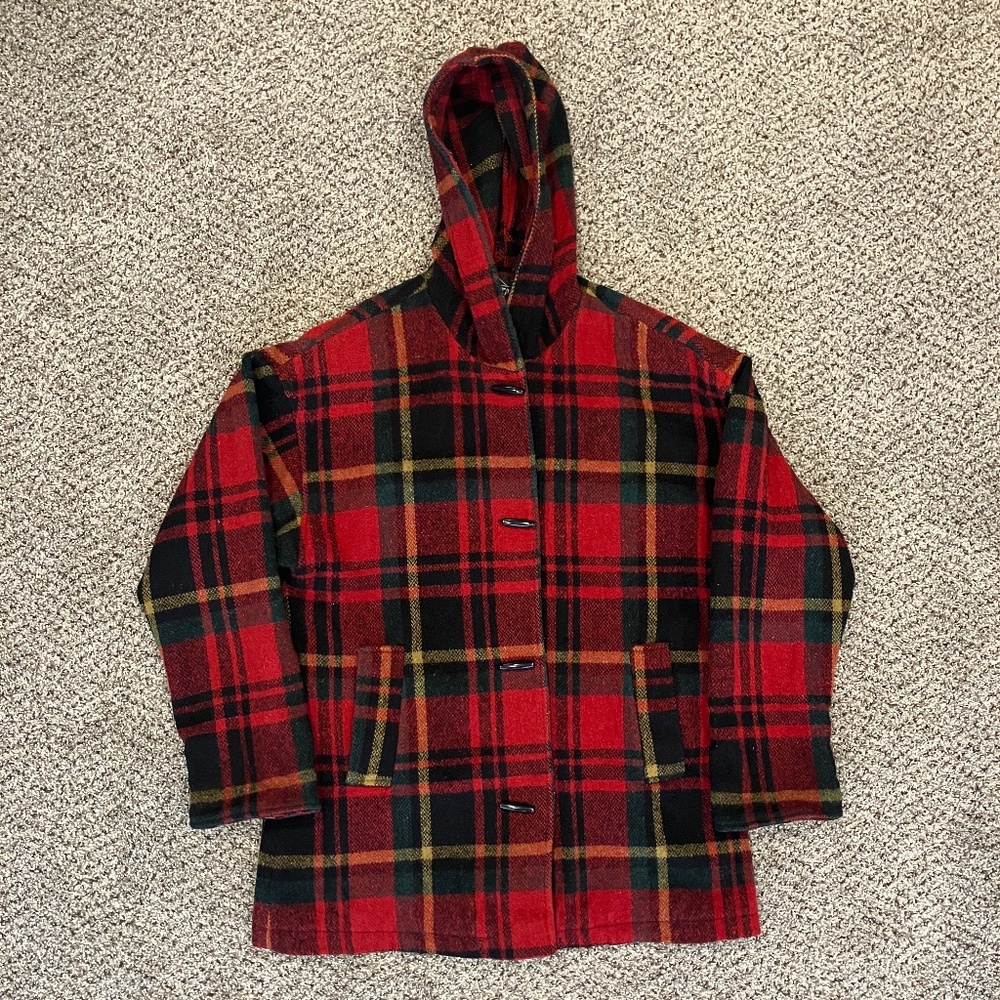 Vintage 1960's Braetan Wool Plaid Coat w/ hood.  Women's S